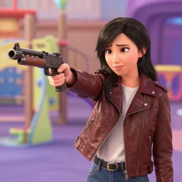young female wearing a leather jacket on a kids playground while pointing an automatic rifle at the lens, walt disney motion pictures, inside out movie still, high detail, natural light, ray tracing, trending on artstation, 4 k, ultra hd, blu ray