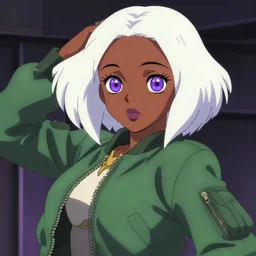 anime poster film still portrait, african american young woman, large, purple eyes!!!, white french bob, green green green bomber jacket, detailed facial features, dynamic pose, cute face by ilya kuvshinov, yoh yoshinari, makoto shinkai, rimlight, cel shaded, 4 k