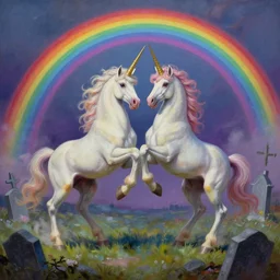 A beautiful detailed mate painting Unicorns dancing under a rainbow on a graveyard' by Wayne Barlowe, existential horror, Trending on cgsociety artstation, highly detailed, 8k, masterpiece, in the style of DiscoDiffusion.