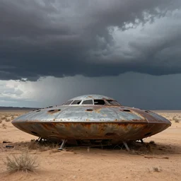 Professional Photography Of A Rusted UFO Crashed In A Desert, 4K, Stormy, Cloudy