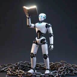 humanoid robot holding a glowing book over his head with one hand, while standing on a pile of chains