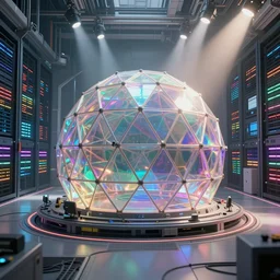 an immaculate volumetric path tracing lighting render of a of beautiful iridescent large geodesic dome device at the center of a vast modern datacenter, fog, god rays, and nixie tubes by eric lafforgue and beeple, beautiful modern colors, ultradetailed, 4k ultra