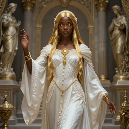 Full portrait of a young Priestess Lady, pearl white robes with golden details, alluring, detailed face, dark brown skin, supernatural golden eyes, golden straight hair, bracelets, floating, spellcasting, statues and an altar filling the background, SINGLE CHARACTER!, highly detailed, high fantasy, dnd, d&d, dungeons and dragons, smooth, sharp focus, no extra characters, realistic, digital illustration, by Artgerm and Greg Rutkowski and Alphonse Mucha, artstation, HD, 4K, midjourney