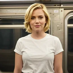 film still of brittany murphy standing on new york subway, short blonde hair, beautiful face, wearing shirt, realistic proportions, ink, black and white, illustration, cinematic compo, sition, lineart, clean lines, sean phillips