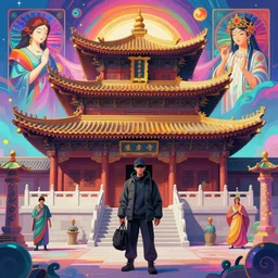 a buddhist temple, netrunner accents, vaporwave aesthetic, colorful, psychedelic, digital painting, artstation, concept art, smooth, sharp focus, illustration, art by artgerm and greg rutkowski and alphonse mucha