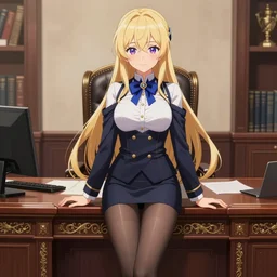blonde anime girl with long hair, wearing headmistress uniform, sophisticated young woman, pantyhose, authority, sitting in dean's office, ornate designs on desk, sharp details, subsurface scattering, intricate details, anime, anime hd wallpaper, 2 0 1 9 anime screenshot