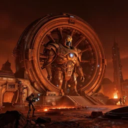 a dark exterior landscape shot of jabba's palace at night, rusty mri machine star wars maschinen krieger, ilm, beeple, star citizen halo, mass effect, starship troopers, iron smelting pits, high tech industrial, warm saturated colours, dramatic space sky