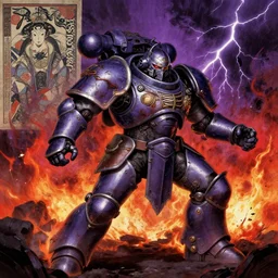 composition gothic and futuristic, action with run and fight, warhammer, cyber japan armor, more scars, fire storm, thunderstorm, purple and red, the middle ages, highly detailed, artstation, moebius, jugendstil and classic japanese print, art rene magritte and robert mccall