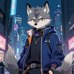 character portrait of a male anthro wolf fursona with a tail and a cute beautiful attractive furry face wearing stylish cyberpunk clothes in a cyberpunk city at night while it rains. hidari, color page, tankoban, 4K, tone mapping, Akihiko Yoshida.