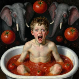 a boy like eraserhead and elephant man sitting in a tub full of tomato sauce, looking straight into camera, screaming in desperation, by giuseppe arcimboldo and ambrosius benson, renaissance, fruit, fractal elements in play, intricate and intense oil paint, a touch of beksinski and hr giger and edward munch, realistic