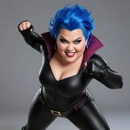 thick chubby filipina supervillain, sly grin, fully clothed, exaggerated perspective, beautiful detailed face, blue hair, action pose, comic book style, highly detailed, dynamic shadows, dynamic lighting, geoff johns, jason fabok, jason fabok, brad anderson, splash art