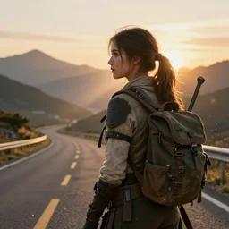 fantasy female ranger, back view, close up, backpack, no weapons, beautiful, extremely detailed, road, sunrise, mountains in the distance, concept art, color page, tone mapping, akihiko yoshida, james jean, andrei riabovitchev, marc simonetti, digital illustration, greg rutowski, volumetric lighting, sunbeams, particles