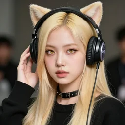 realistic beautiful gorgeous natural cute Blackpink Lalisa Manoban blonde hair cute fur blonde cat ears wearing headphones wearing black leather choker in sweaters outfit golden eyes artwork drawn full HD 4K highest quality in artstyle by professional artists WLOP, Taejune Kim, Guweiz, ArtGerm on Artstation Pixiv