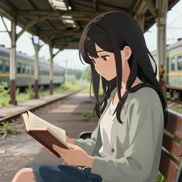 a beautiful girl sitting on a bench reading at an abandoned overgrown train station, old train station, establishing shot, close up shot, digital anime visual render. wlop, rossdraws, detailed anime illustration, detailed stylized portrait, details, 1 0 5 mm f / 2. 8 @ 1 0 5 mm, iso 1 0 0, 1 / 8 0 0, f / 3.