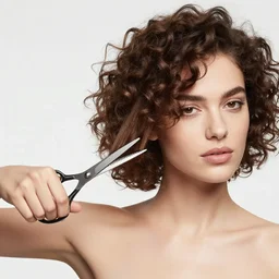 a studio close - up portrait of a beautiful fashion model curls her hair, cutting her hair with her hands that hold big scissors. surreal photograph, lo - fi, polished look, silly and serious, hermes ad, fashion photography, toiletpaper magazine, 3 5 mm photograph, colourful, by pierpaolo ferrari, maurizio cattelan, david lachapelle