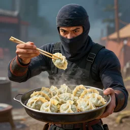ninja warrior holding chopstick and a wonton pan, realistic, hdr, clear image, hdd, rtx on, dynamic lighting, epic painting,
