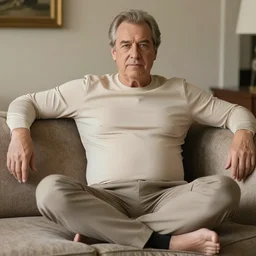 full body photo of older handsome lord richard. he is sitting gracefully on a sofa, he is wear elegant elastic. shirt is tight after launch. oh he is a human by the way, wear's beige shirt, has firm skin and big bouncy belly