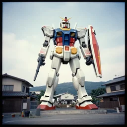 a lomographic photo of old gigantic gundam mecha, standing tall above a typical japanese yard in small town, hikone on background, cinestill, bokeh