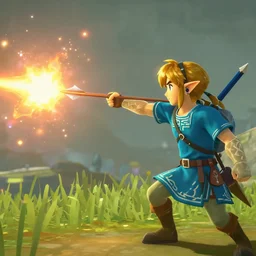 in game footage of link from the legend of zelda breath of the wild firing an exploding arrow, breath of the wild art style.