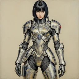 girl wearing full suit of retro techwear armor, intricate armor design, shigenori soejima illustration, heavy lineart, oil on canvas