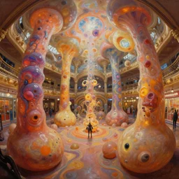 fish eye lens minimalist lush bulbous garden fetuses carnival oil painting by donato giancola, chris foss, maschinen krieger victorian shopping mall courtyard, organic 3 d fractal cinematic scifi bioluminescent microscopy, gigantic pillars, beeple, the matrix, star wars, ilm, star citizen, mass effect, warm coloured, artstation, atmospheric perspective