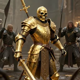 3d render of a gold knight with a skull face in a fantasy battle, realistic, unreal, craig mullins, alex boyd, lord of the rings, game of thrones, dark souls, artstation, warhammer, game of thrones, epic dramatic lighting, artstation, weta