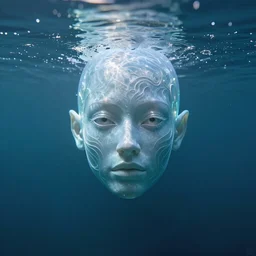 a centered wide shot of an single lonely water made elemental swimming in the ocean underwater,  omnious , elegant, transluscent, reflections, focus, detailed, realistic eyes, horizontal partial symmetry features proportions, intricate facial skin details, award winning, trending in cgsociety artstation deviant art, octane render