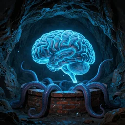 large brain in a brick well, tentacles, dark cave room, blue bioluminescence, artwork by greg rukowtski
