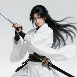a !beautiful White cloaked Samurai Warrior with Sword Drawn by Mitsuru Adachi