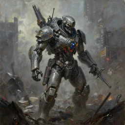 grim oil painting of weaponized high technology battlefield in a city, magali villeneuve, trending on artstation