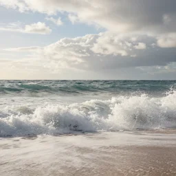 close - up view of waves crashing on the beach, swirly clouds, midday, photography by marc adamus, dramatic lighting, beautiful'gives instant pleasant looking photography - like images