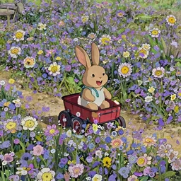 a wholesome cottagecore illistration of a happy rabbit riding in a red wagon in the front yard, studio Ghibli, Pixar and Disney animation, sharp, Rendered in Redshift and Unreal Engine 5 by Greg Rutkowski, Bloom, dramatic lighting