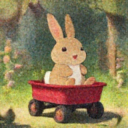 a wholesome cottagecore illistration of a happy rabbit riding in a red wagon in the front yard, studio Ghibli, Pixar and Disney animation, sharp, Rendered in Redshift and Unreal Engine 5 by Greg Rutkowski, Bloom, dramatic lighting