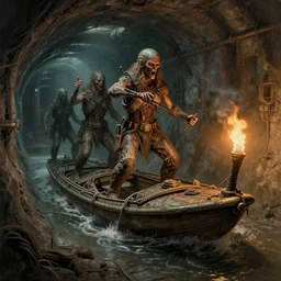 airbrush of 4 character, primitive raft in sewer system, dystopian, by wayne d barlowe, syd mead, geof darrow, hyper realism, narrative light, muted colors, epic, hyper detailed, awe inspiring, award winning horror, torch lighting, hyper realism, cinematical
