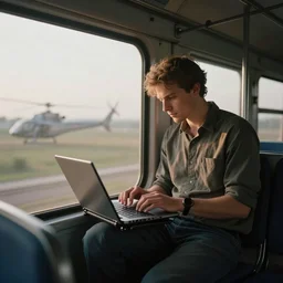 a man sitting on top of a moving train working on his laptop, action shot taken from a helicopter, high shutter speed photo