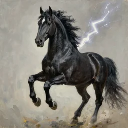 a black horse with eight legs and lightning for eyes, majestic, powerful, extreme detail, fine art, oil painting