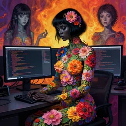 dark woman coding, a lot of flowers on body, by francis bacon, by ayami kojima, by amano, by alex grey, by zdzisław beksinski, by takato yamamoto, radiant colors, ultra detailed, high resolution, wrapped thermal background