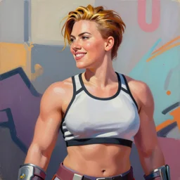 greg manchess portrait painting of smiling scarlett johansson as beautiful thick female bodybuilder zarya from overwatch, medium shot, asymmetrical, profile picture, organic painting, sunny day, matte painting, bold shapes, hard edges, street art, trending on artstation, by huang guangjian and gil elvgren and sachin teng