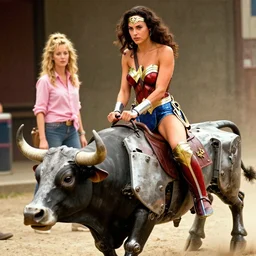 Gal Gadot, dressed as Wonder Woman, rides a Mechanical Bull in the style of Debra Winger’s Sissy in the movie Urban Cowboy, cinematic