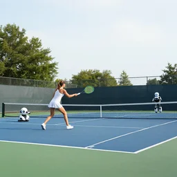 a woman playing tennis against a robot, wide shot