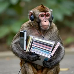 A monkey carrying a collection of CDs, listening to a walkman