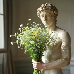 atmospheric beautiful bouquet of delicate wildflowers in the sunny room of his beloved wife, wrote renaissance michelangelo