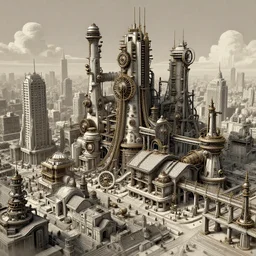 steampunk urban factory dystopian volumetric art