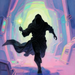 a true hero on the run, sinking into madness, wrapped in black, clutching a hopespark in the drifting void hallways. Fantasy Tron sci-fi illustration, vibrant neon pastels painting, by Edvard Junjiito Picasso and Gustave Dore and Carl Critchlow