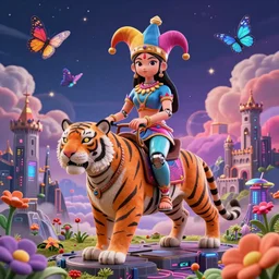 maximalist 3 d render of cyborg jester hindu girl riding a tiger standing in cybernetic mountain landscape with castle ruins against a psychedelic surreal background with 3 d butterflies and 3 d flowers n the style of 1 9 9 0's cg graphics against the cloudy night sky, lsd dream emulator psx, 3 d rendered y 2 k aesthetic by ichiro tanida, 3 do magazine, wide shot