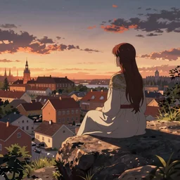 tsarevna sitting on a rock off to the side looking down upon swedish town, during dawn, cinematic, very warm colors, intense shadows, anime illustration, anime screenshot composite background