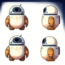 concept art character sheet, front and side view of the same cute droid, from a space themed Sierra point and click 2D graphic adventure game, made in 2019, high quality graphics