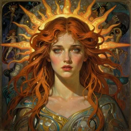stunning, breathtaking, awe-inspiring award-winning concept art nouveau painting of attractive Pom Klementieff as the goddess of the sun, with anxious, piercing eyes, by Alphonse Mucha, Michael Whelan, William Adolphe Bouguereau, John Williams Waterhouse, and Donato Giancola, cyberpunk, extremely moody lighting, glowing light and shadow, atmospheric, cinematic, 8K