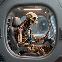 neanderthal inside a spaceship, science, in pilot seat