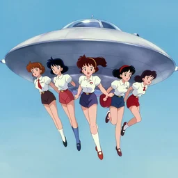 a film still of a 1 9 5 0's anime girls flying in ufo, full body mid shot, perfect art, trending on pixiv fanbox, painted by gaston bussiere, makoto shinkai, akihiko yoshida, craig mullins, studio ghibli